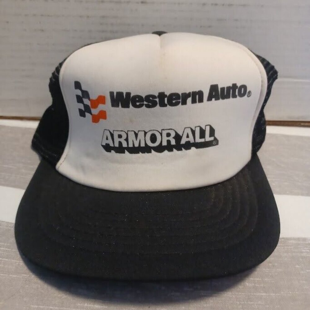 Vintage Western Auto Armorall Hat Cap Snap Back Black Mesh Trucker One Size Mens